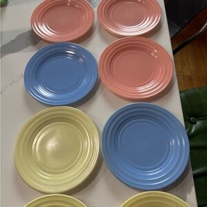 Set Of 10 Hazel Atlas Pink Green Yellow Blue Dessert Plates Moderntone 7”